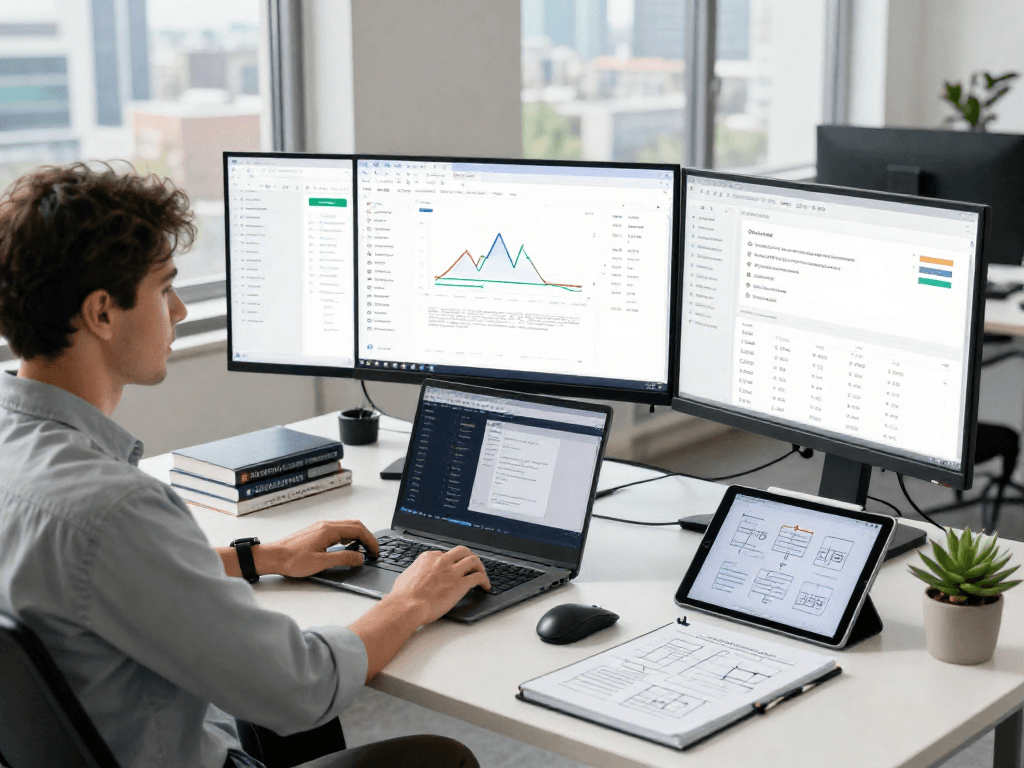 Waygrid workspace scene showcasing API management with professional solutions engineer analyzing real-time data.