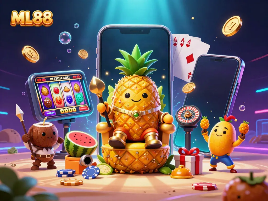 Experience thrilling gaming action with ML88, featuring the gold pineapple king and vibrant casino elements.
