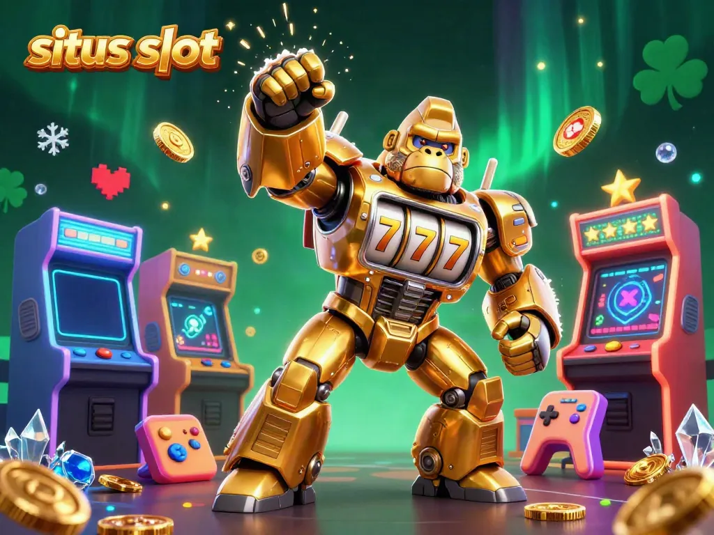 Engage with the vibrant world of situs slot through a dynamic 3D illustration of a golden gorilla mech and arcade games.
