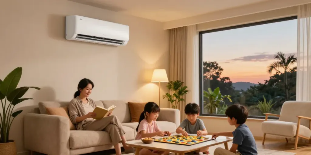 Enjoy family time in a modern living room with a 24000 BTU mini split air conditioner for optimal comfort.
