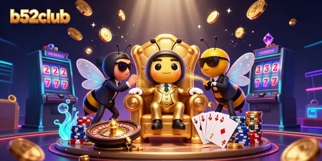 Engage in thrilling games at b52club, featuring exciting characters in a vibrant casino scene.