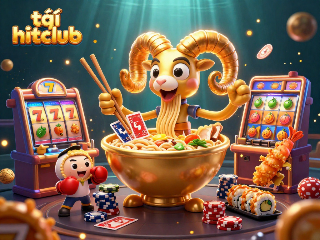 Experience the thrill of tải hitclub with vibrant casino characters and colorful gaming elements in a dynamic illustration.
