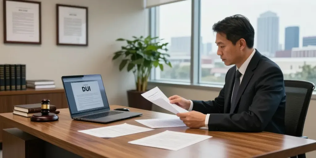 The best DUI lawyer in Cherokee County GA reviewing case files in a professional Atlanta legal office.