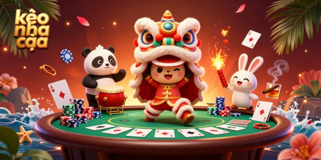 Experience the thrill of kèo nhà cái with animated characters in a vibrant casino scene featuring poker elements.
