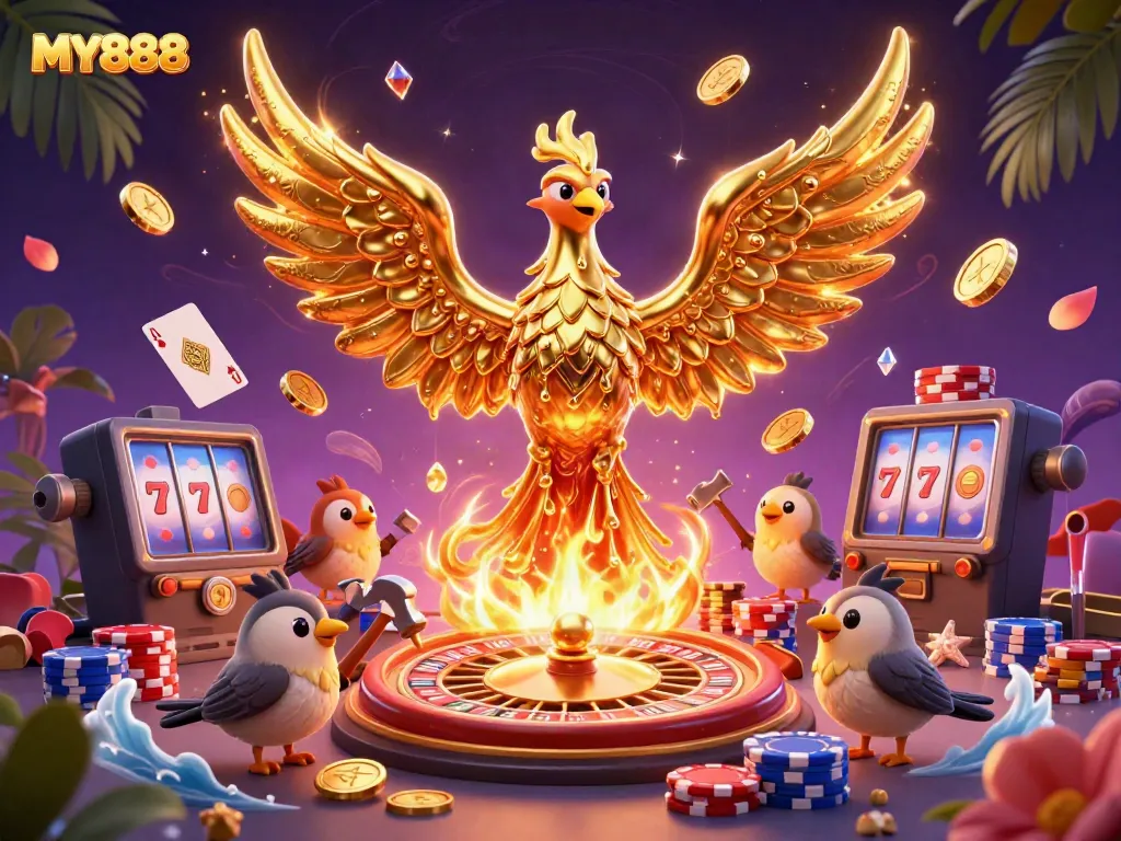 Experience the thrilling action at MY888 with a vibrant scene of a molten gold phoenix, casino elements, and dynamic gameplay.