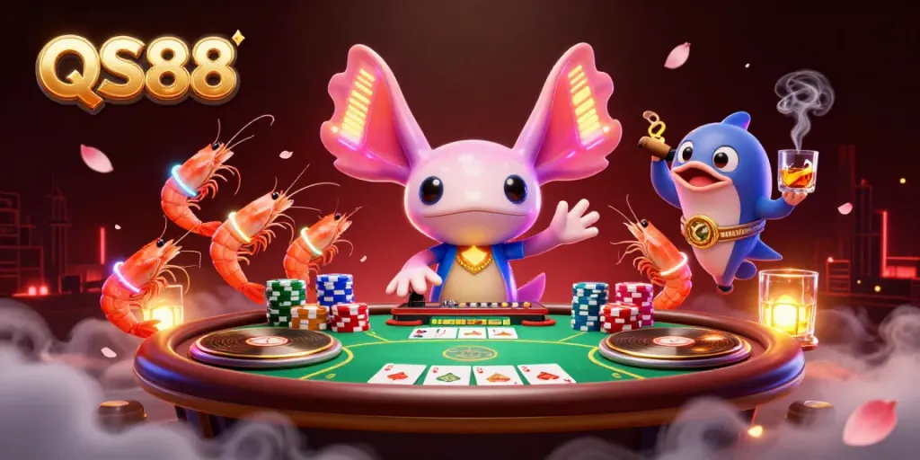 Engage in thrilling poker action with QS88's vibrant casino illustration featuring a lively axolotl DJ.