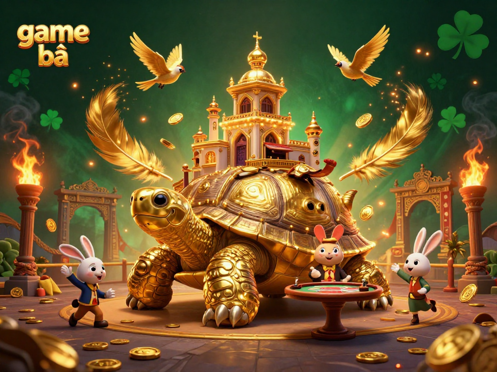 Engage in the thrilling game bài with a charming rabbit dealer at a casino on a tortoise's shell amidst golden coins.
