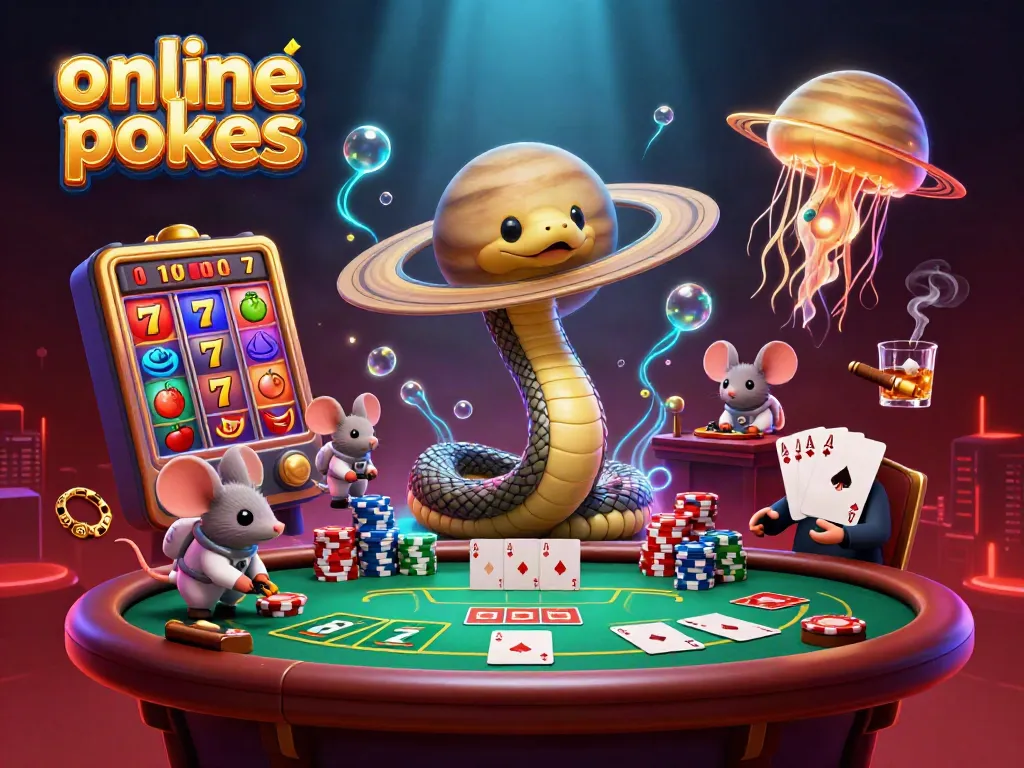 Experience thrilling online pokies action with a cosmic casino scene featuring a snake roulette wheel and betting astronaut mice.