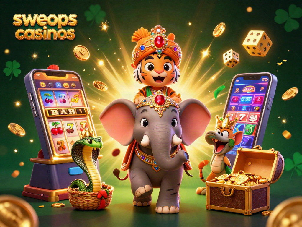Experience the thrill of sweeps casinos with a vibrant, dynamic 3D illustration of luxury and excitement.