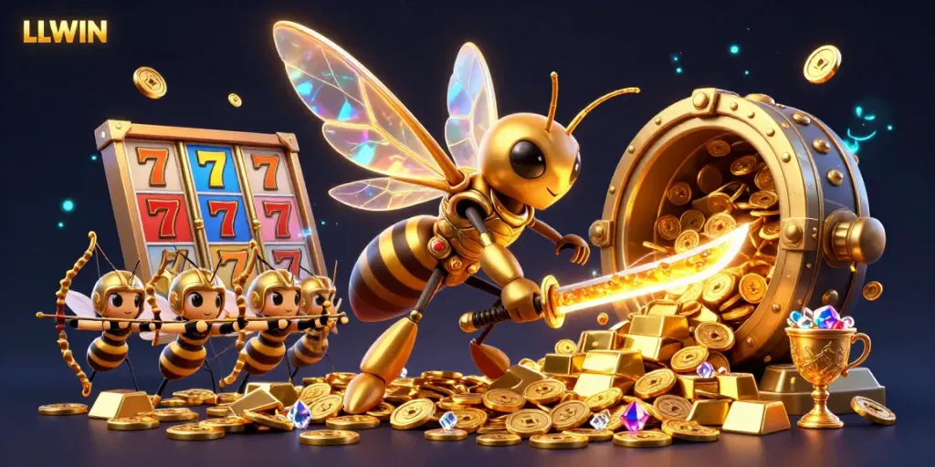 Experience thrilling action with LLWIN's vibrant slots adventure in a 3D casino illustration.