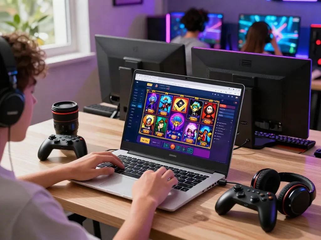 Immersive KOITOTO online gaming scene featuring colorful slot games and a focused player.