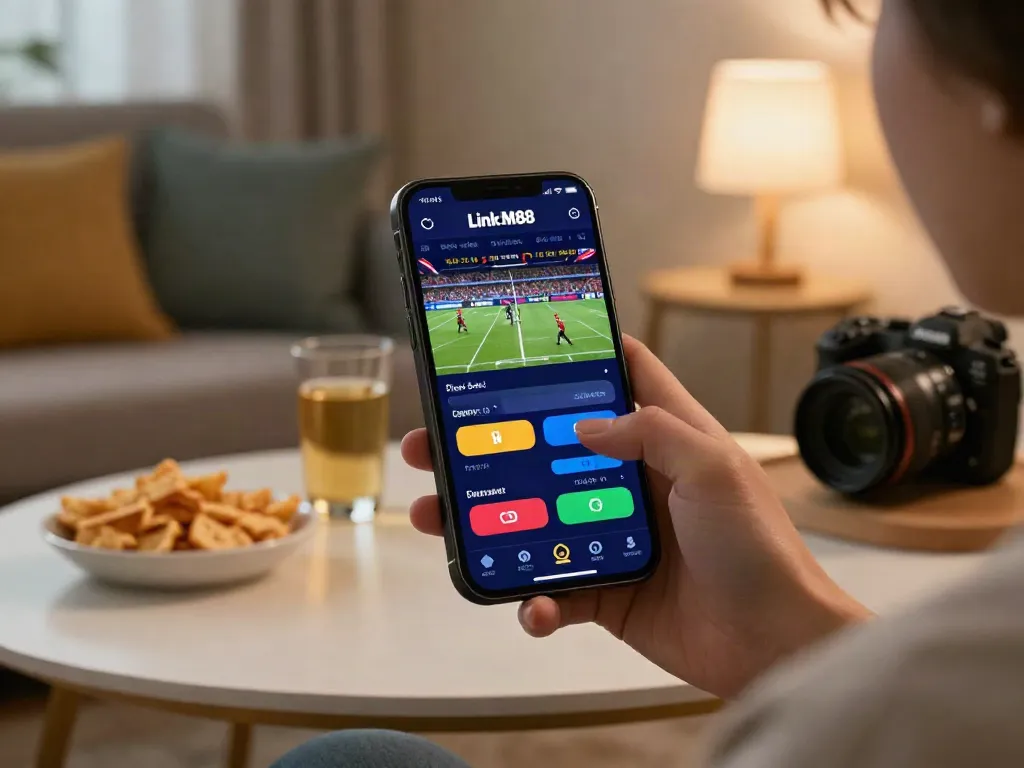 Gambler using Link M88 app for online betting at home.