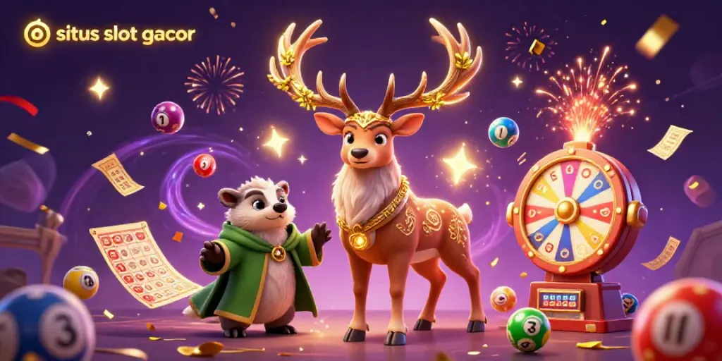 Engage with situs slot gacor through a magical scene of an enchanted druid stag and badger amid dynamic casino elements.