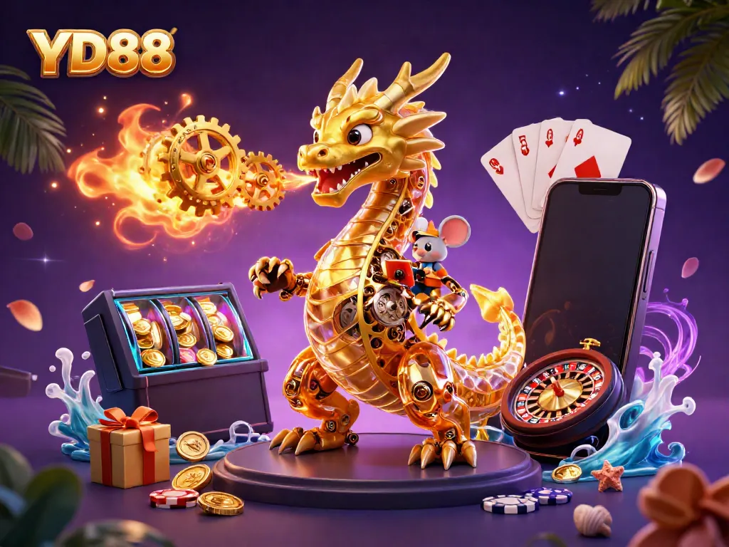 Experience YD88's thrilling gaming adventure with a golden dragon, spinning slots, and festive casino elements.