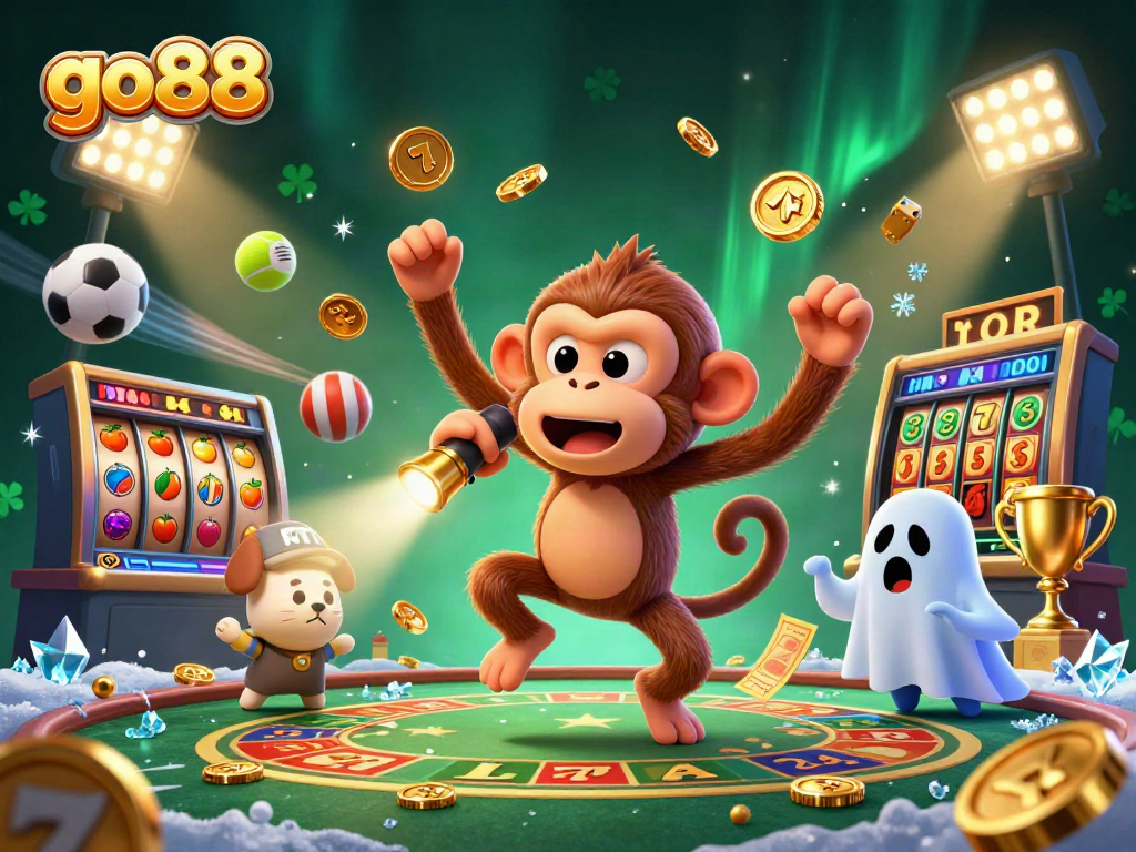Experience go88 gaming action with a mischievous monkey juggling golden casino delights in a haunted atmosphere.