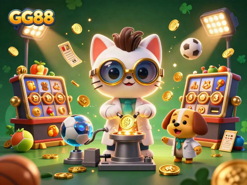 Experience winning at GG88 with a cartoon scene of mad scientist cat creating coins amidst slots and jackpots.