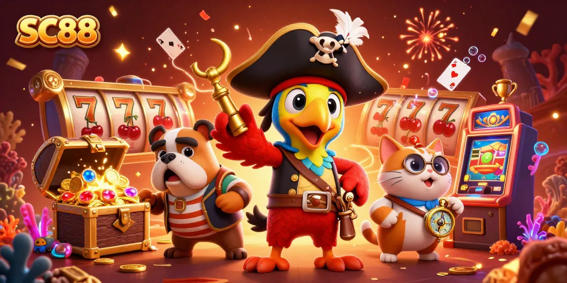 SC88 pirate captain leads an exciting casino adventure with slot reels, treasure, and festive decorations.