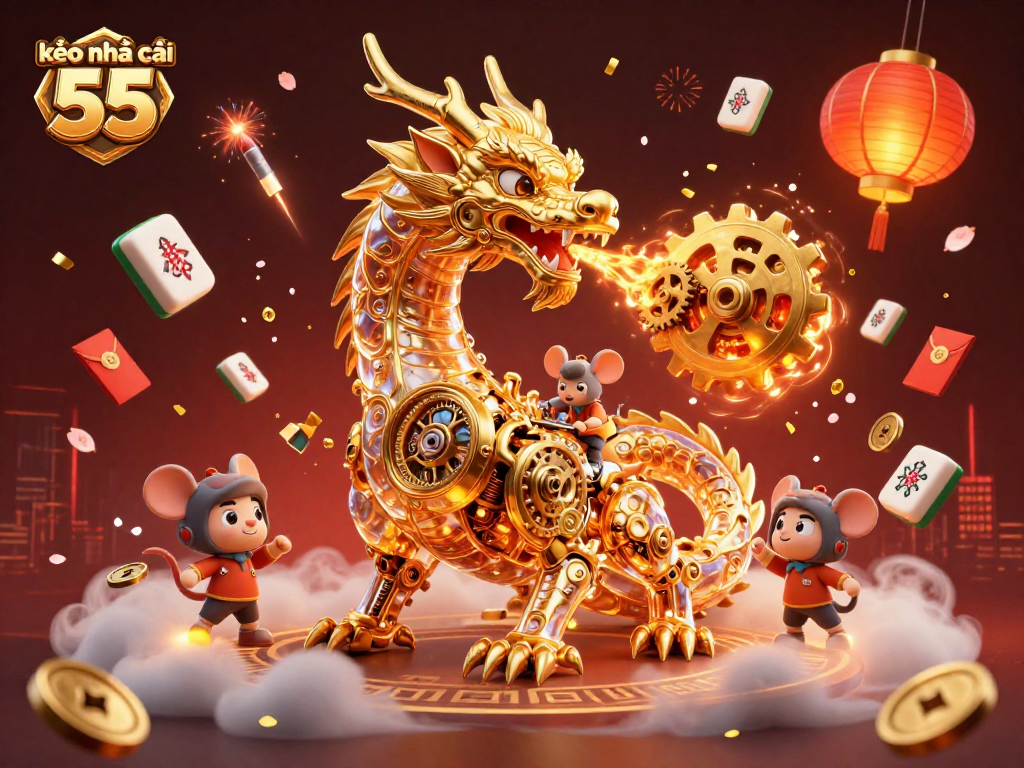 Engage with kèo nhà cái 55 in a vibrant 3D casino world enriched by a golden dragon and dragging elements.