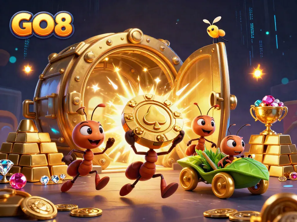 GO8 team of ants on a heist with a golden poker chip, surrounded by treasure elements.