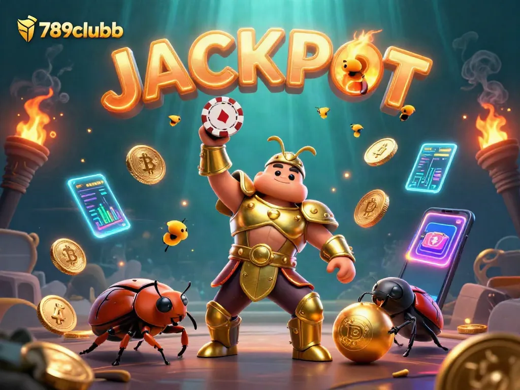 789clubb celebrates a jackpot win with a hercules beetle lifting a poker chip amidst vibrant casino elements.
