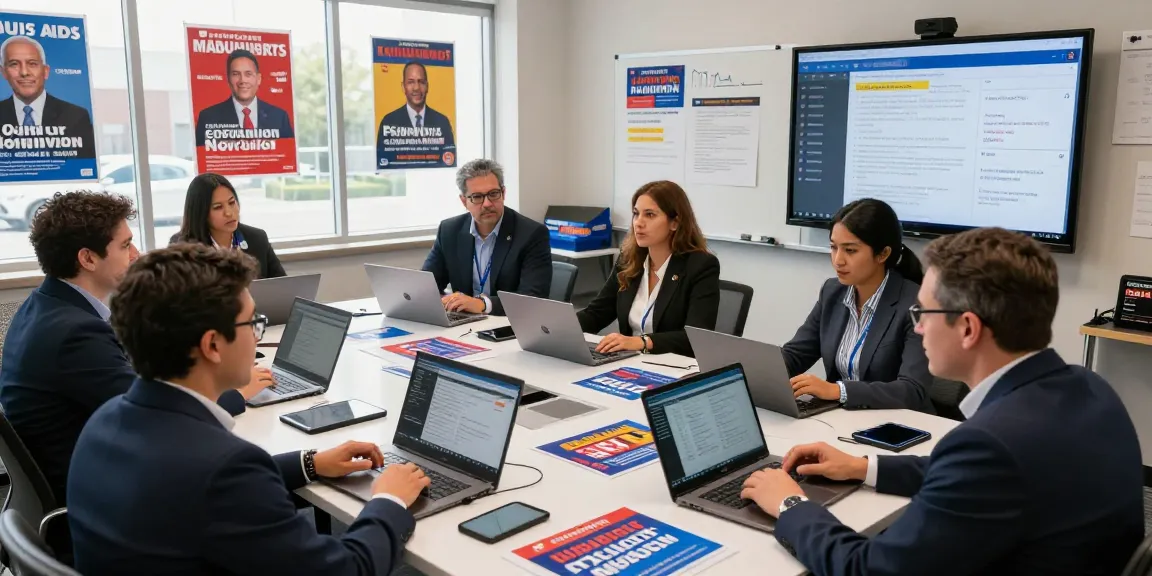 Collaboration in political campaign headquarters focused on ballot initiative campaign services, team analyzing data and strategies.