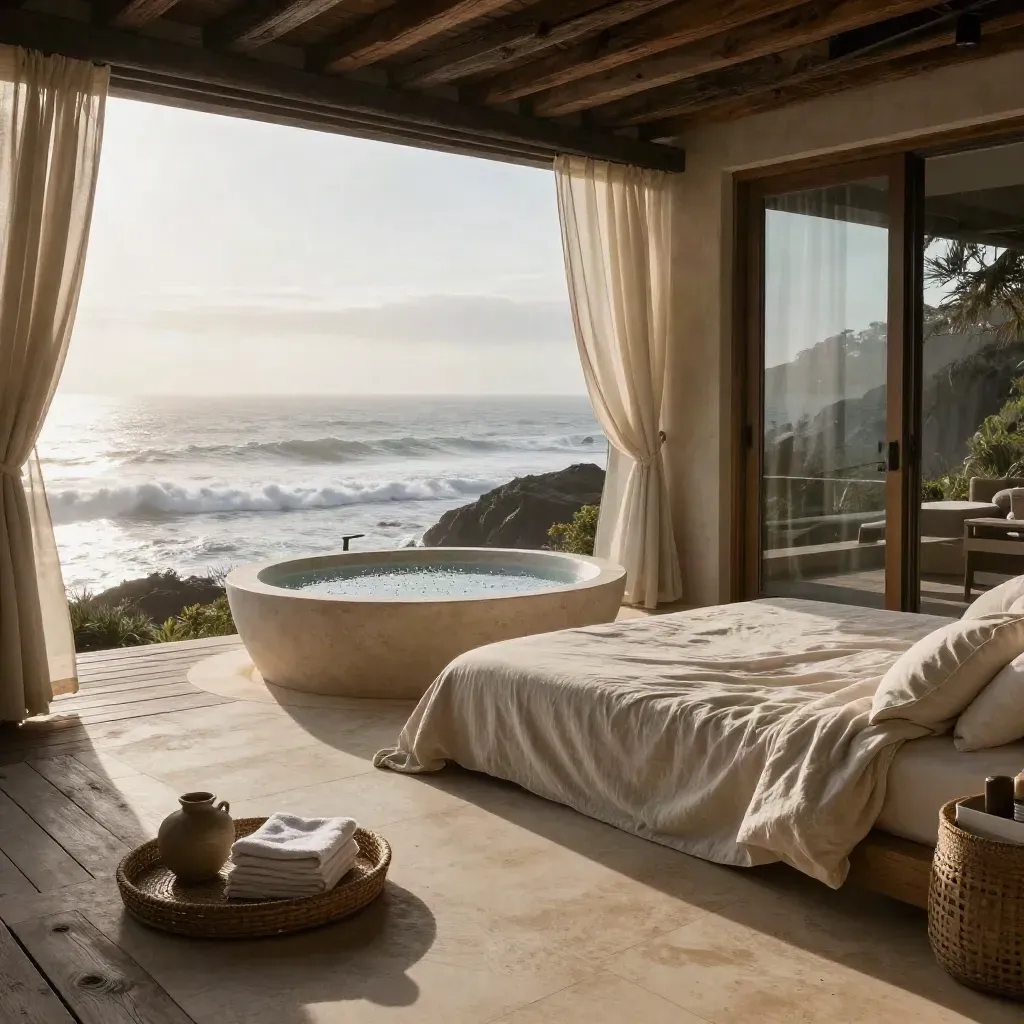 Cliffside retreat terrace with daybed, soak tub, and misty ocean horizon at sunrise