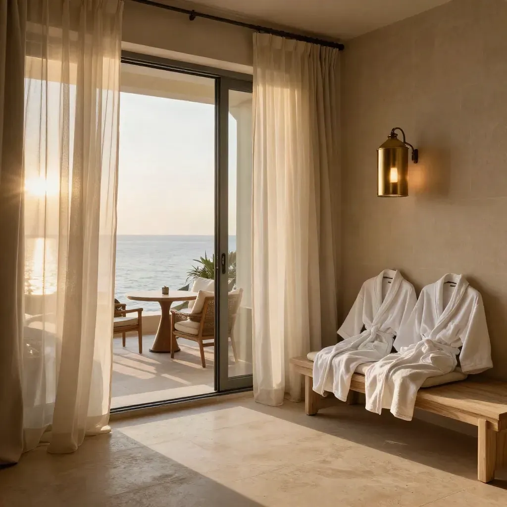 Sunlit seaside suite with lantern, folded robes, open balcony doors, and wind-lifted curtains
