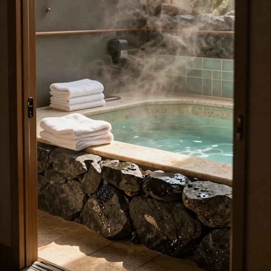 Steam room with towels, basalt stones, and a rippling soaking basin in warm afternoon light.