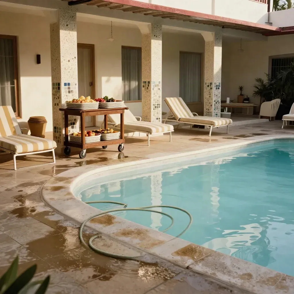 Art deco motel courtyard with pool, loungers, and brunch trays in humid morning light.
