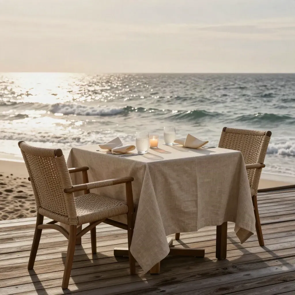 Empty seaside dinner terrace with candles, linen table, and two chairs at sunset