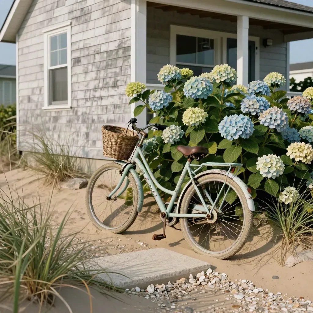Clapboard seaside cottage with bike, hydrangeas, dune path and porch light in soft afternoon wind.