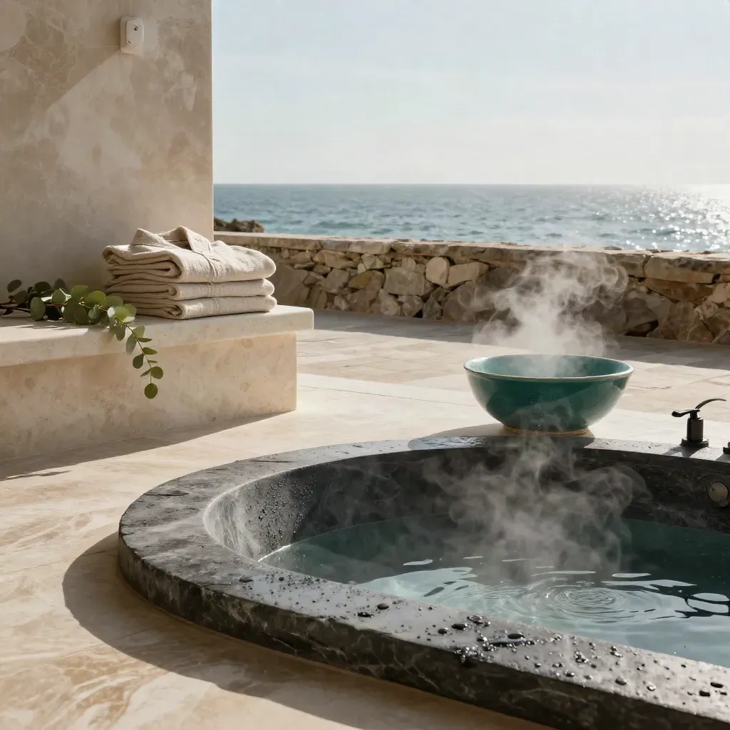 Slate soaking tub steaming on a coastal spa terrace with robes and eucalyptus by the sea wall.