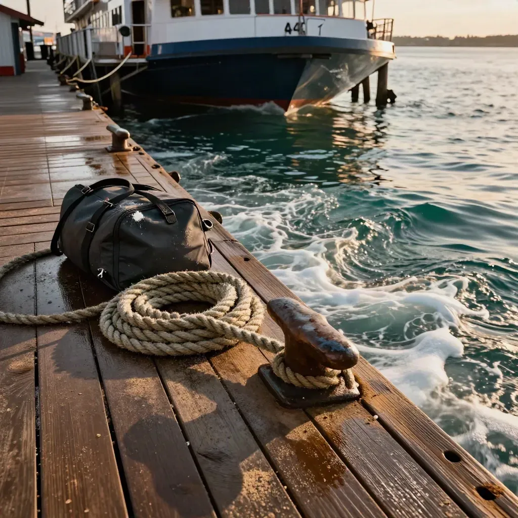 Low dock view under a stilted inn, travel bags, skiff ropes, and a ferry wake at sunset.