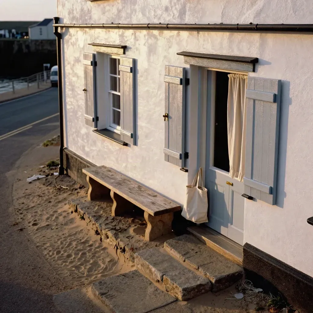 Harbor inn entry with open windows, stone bench, and sunset-lit steps