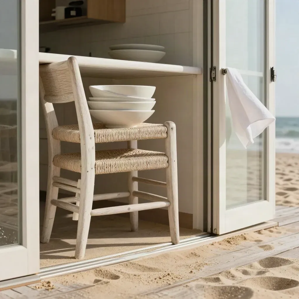 Macro of stacked coastal dining chairs, serving bowls, and open sliding doors to sand