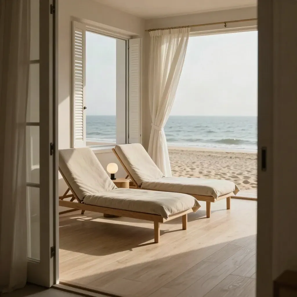 High-corner view of a beachfront suite with linen chairs, open shutters, and sea light