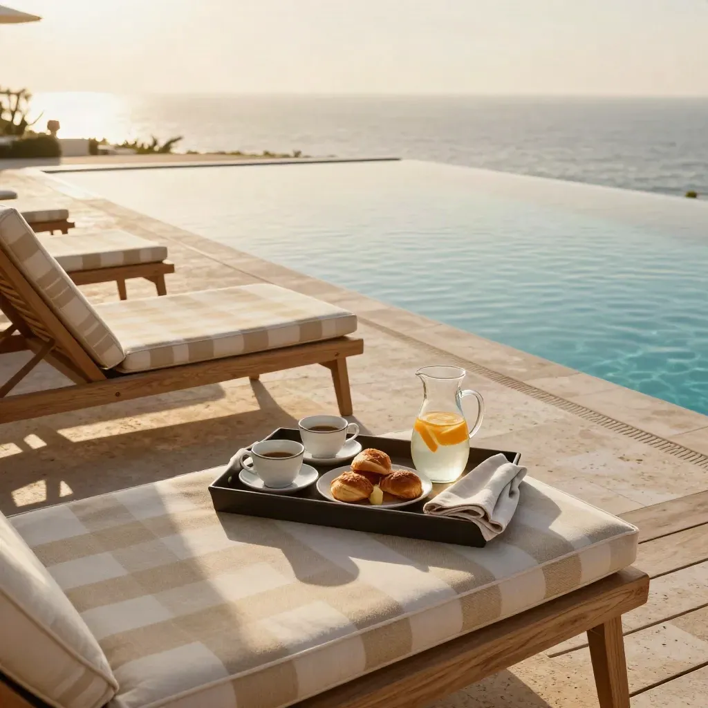 Sunrise pool terrace with striped chaise cushions and a breakfast tray by the water.