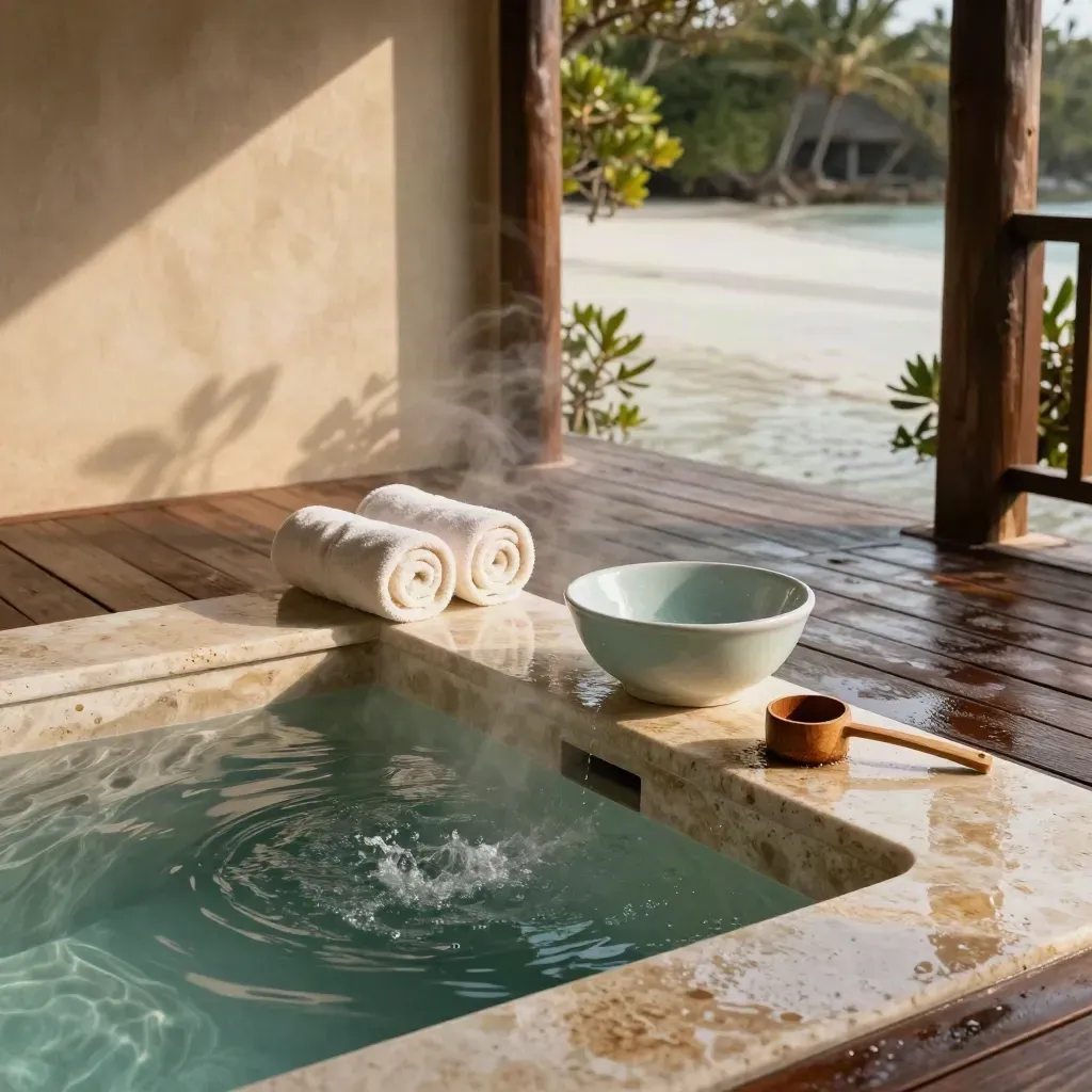 Stone plunge basin in a seaside spa pavilion with towels, steam and mangrove shadows.