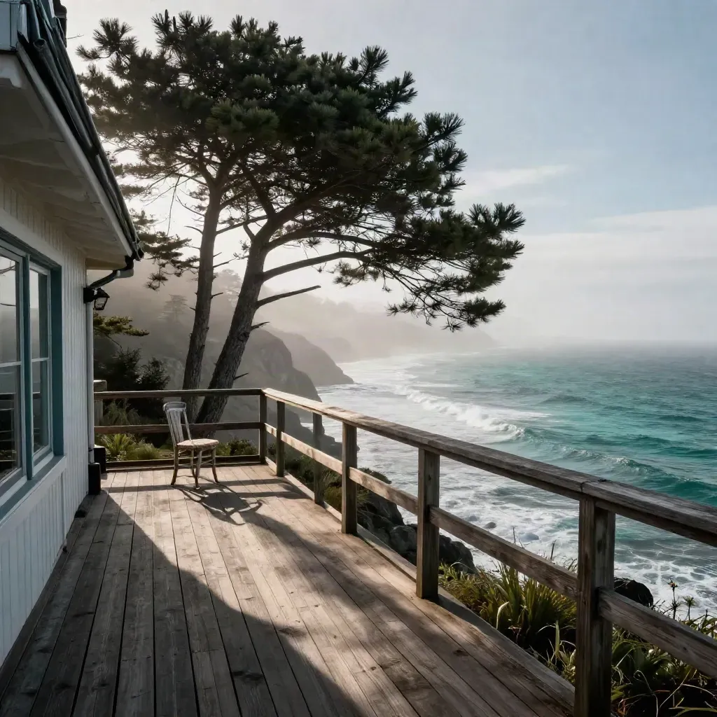 Cliffside inn deck above a foggy cove with one chair and pines