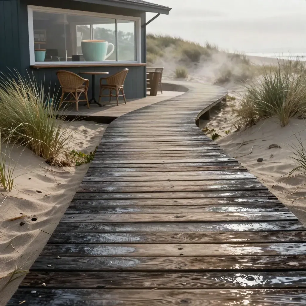 Low view of a wet boardwalk curving to a misty beach café, with steam and dune grass.