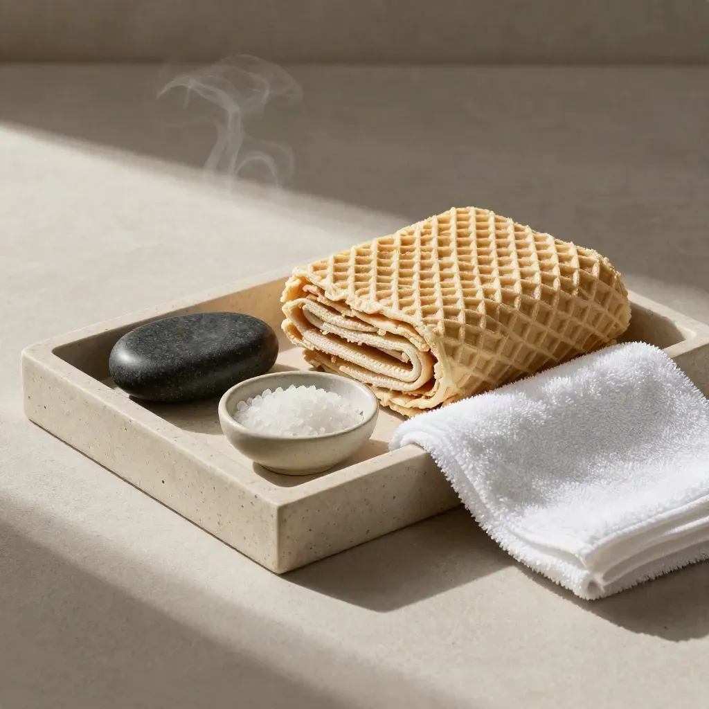 Basalt massage stone, waffle towel and salt bowl on a travertine tray with soft steam