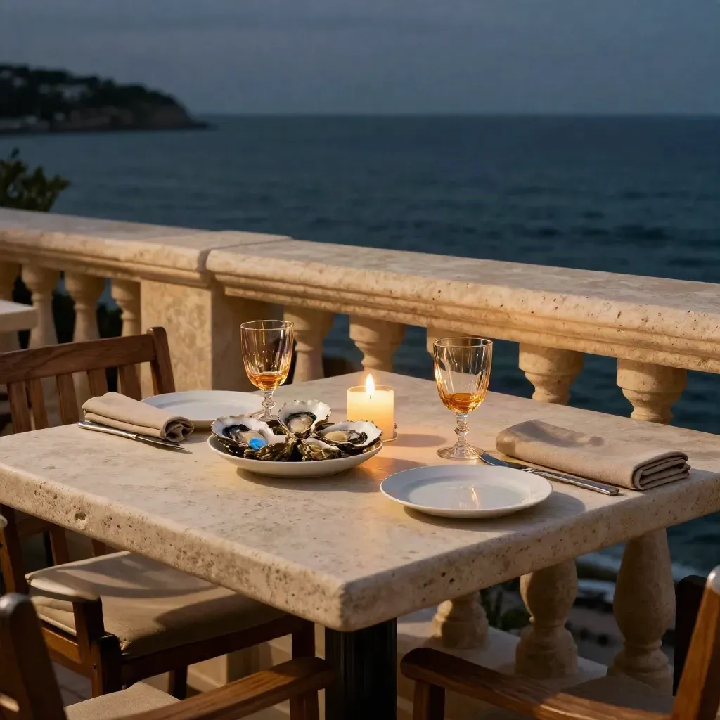 Seaside terrace table with oysters, candlelight, and glassware glowing above a darkening sea