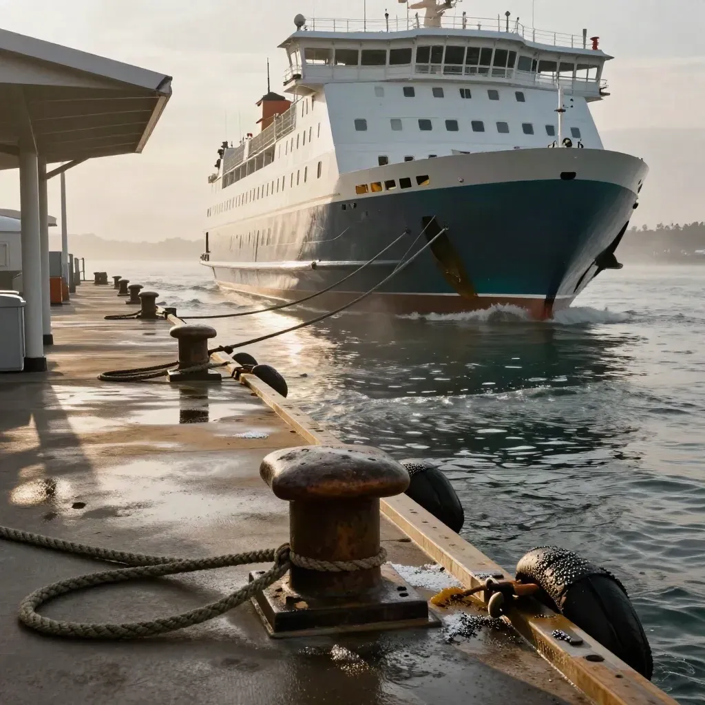Ferry entering a dawn berth with mooring lines, wet pier bollards, spray, and a small terminal canopy.