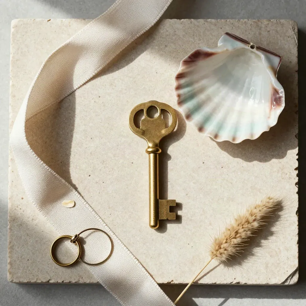Brass room key on a shell dish with linen ribbon and dune grass on pale stone.