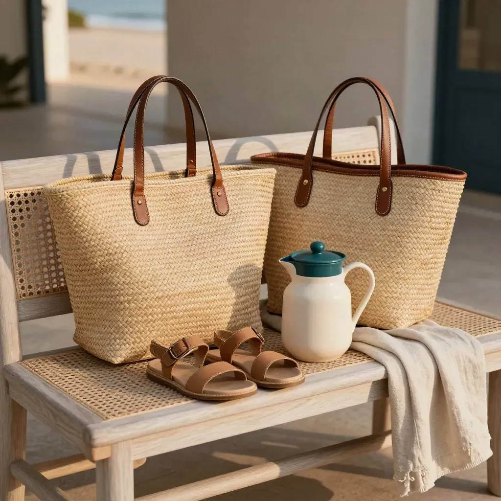 Woven beach totes, sandals, and a ceramic pitcher on a sunlit bench in a coastal retreat