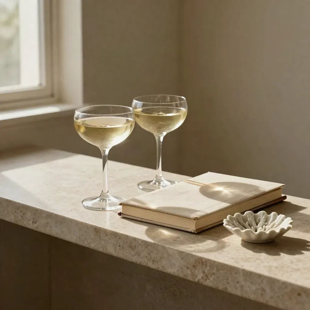 Champagne coupes, linen notebook, and coral dish on a stone shelf