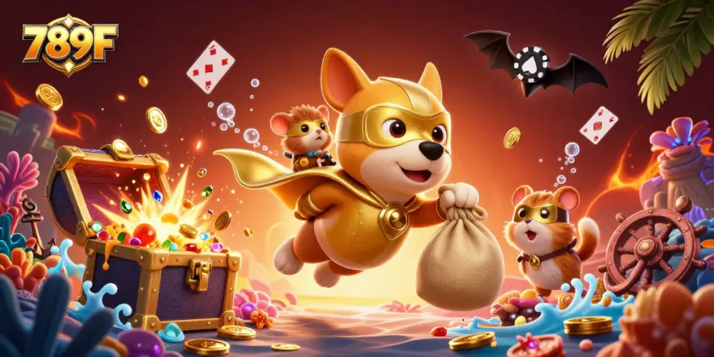 Join the fun with 789F as the superhero dog flies with gold coins amidst a vibrant casino scene.