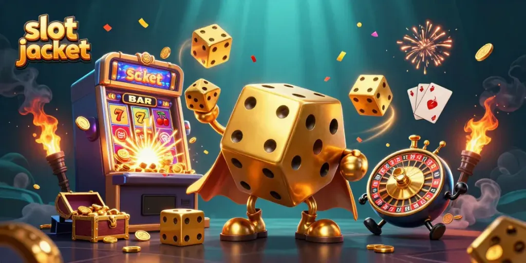 Slot jackpot yang menarik dengan karakter ceria dan mesin slot berlapis emas meledak penuh koin.