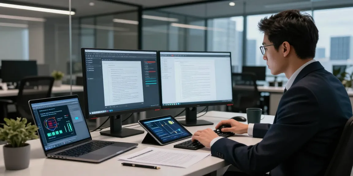 Document fraud detection workspace featuring cybersecurity expert analyzing real-time data and alerts on dual monitors.