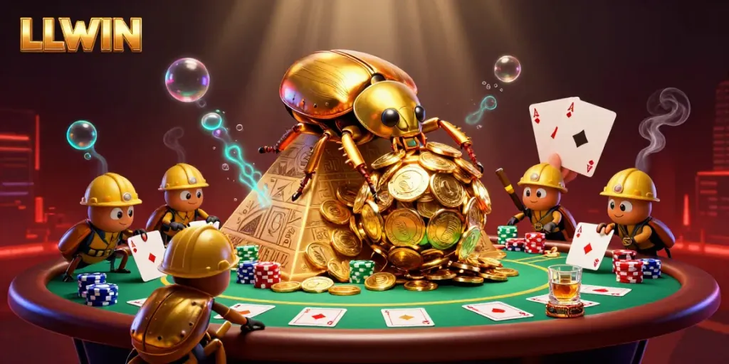 Engage in LLWIN's thrilling gaming scene with golden beetles and vibrant casino elements.